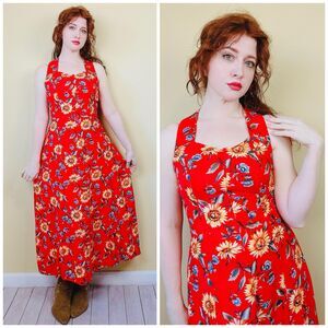 1990s Vintage Red Sunflower Cross Back Sundress Floral All That Jazz Midi Medium